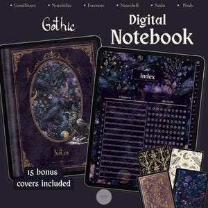 Op de afbeelding: Een digitaal notitieboek met een donkerpaarse kaft met gouden filigraan, een raaf en hemelse motieven. De indexpagina toont een lijst met hoofdstukken en secties. Tekst: "Gothic Digital Notebook" en "15 bonus covers included."