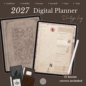 Może przedstawiać: Cyfrowy planer na rok 2027 o nazwie Vintage Ivy wyświetlony na dwóch tabletach z białym rysikiem. Interfejs pokazuje harmonogram dnia na 4 stycznia z sekcjami na priorytety, dbanie o siebie i przemyślenia oraz 15 dodatkowych okładek.