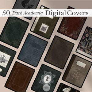 Può includere: Una collezione di 50 copertine digitali a tema dark academia, che include vari design in stile libro con bordi decorati, illustrazioni vintage di insetti, funghi e macchine da scrivere, e sfondi strutturati in tonalità terra.