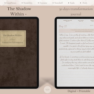 Könnte beinhalten: Zwei digitale Tablet-Bildschirme zeigen ein 30-Tage-Transformationsjournal mit dem Titel The Shadow Within: A Journey Into Self-Integration. Der linke Bildschirm zeigt ein dunkelbraunes, strukturiertes Cover, der rechte eine linierte Seite für Tag 11.