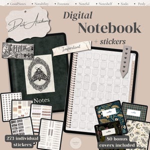 May include: A digital notebook and sticker set featuring a dark green cover with a moth illustration, a grid-lined planner page, and various sticker sheets. Text includes "Dark Academia", "Digital Notebook + stickers", "Important", and "Notes".