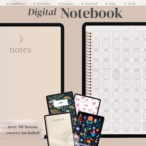 May include: Digital notebook with a beige cover and the word "notes" in a script font. The image shows various digital notebook covers with floral and patterned designs. Text on the image includes "Digital Notebook" and "over 80 bonus covers included."