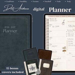 Könnte beinhalten: Ein digitales Planer-Set mit einem dunkelblauen Einband mit der Aufschrift 2026 2027 Planner, einer Wochenübersichtsseite mit Daten für September 2026 und 15 Bonus-Covern in verschiedenen dunklen Texturen und Designs inklusive Käfergrafik.