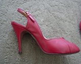 Red Leather Pin Up Bombshell 1950s Slingback Stiletto Heels 6.5B peeptoe