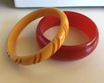 Yellow Carved Bakelite Bangle Bracelet