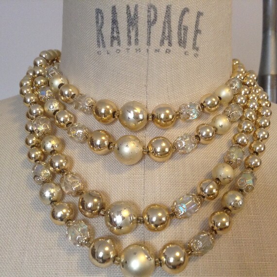 Four Strand Bead Necklace  Round Gold And Opalesc… - image 1