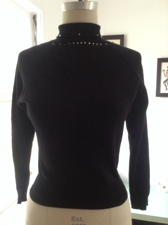 Softest Black Wool Pin Up Sweater Rhinestones Sma… - image 1