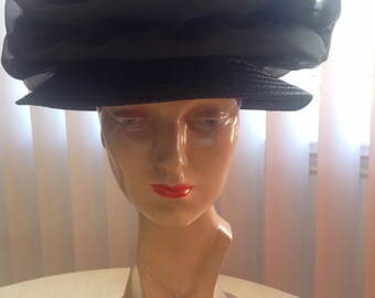 Black Straw and Chiffon Ladies Hat Robinsons California Mad Men