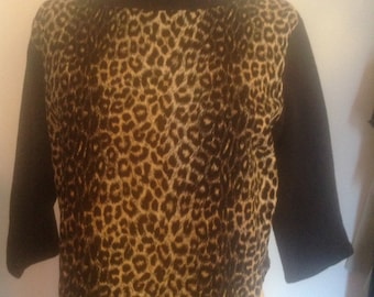 Leopard Pin Cord Pullover Top With Ribbed Black cotton Collar and Sleeves