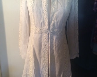 Cream Linen Long Dress Jacket xs to small Lace Trim