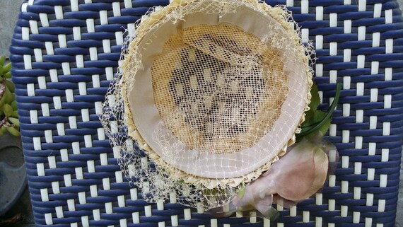 Straw and Floral Ladies Hat with Beige Veil - image 6