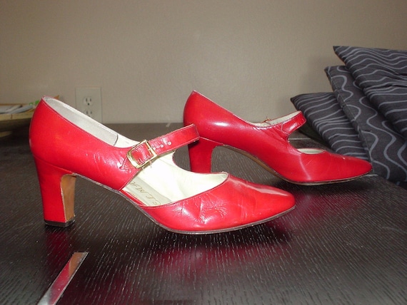 Red Leather Mod Mary Jane Shoes  6 1960s - image 1