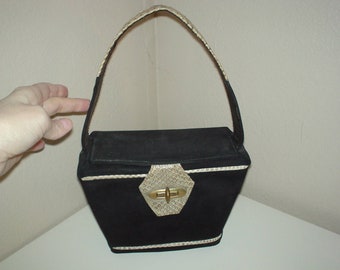 Beautiful Structured Black Suede and Snakeskin Box Purse