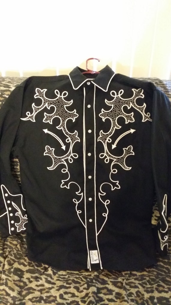 Men's Large  Western Shirt  Jet Black White Detail