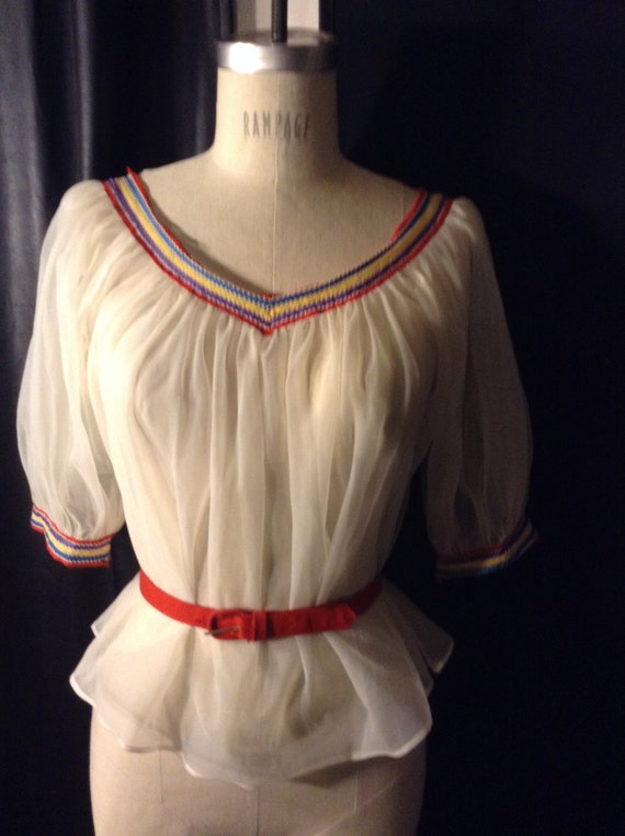 White Nylon Sheer Peasant Blouse Beautiful Trim Sm