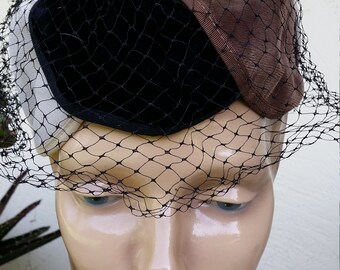 Tri Color Ladies  Velvety Hat with Mesh Veil