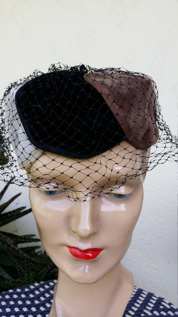 Tri Color Ladies  Velvety Hat with Mesh Veil