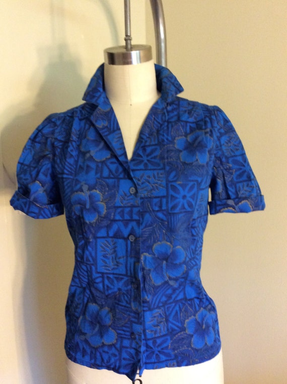 Puff Sleeve Hawaiian Shirt Blouse Small Brushed Co