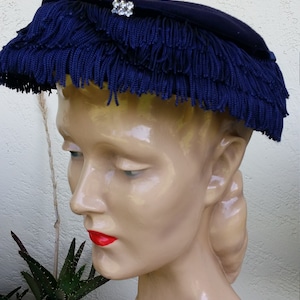 Navy Wool Felt Fringe Ladies Hat w Rhinestone detail