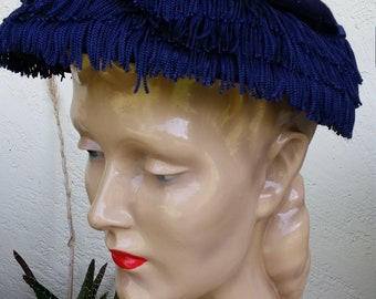 Navy Wool Felt Fringe Ladies Hat w Rhinestone detail