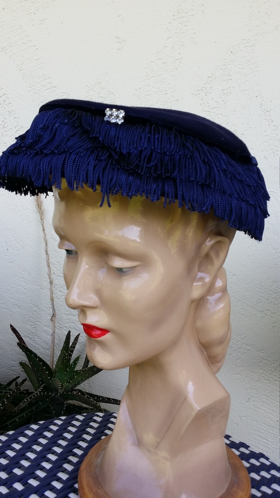 Navy Wool Felt Fringe Ladies Hat w Rhinestone deta