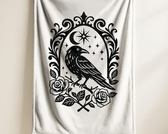 Gothic Raven Blanket – Mystical Woven Throw with Moon and Stars, Dark Boho Home Decor, Occult Gift for Witchy Aesthetic Lovers