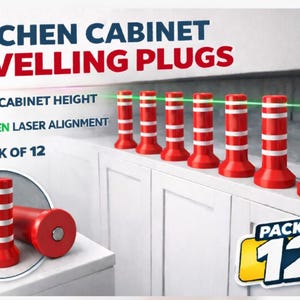May include: Red and white kitchen cabinet levelling plugs. The image shows a set of red plugs with white stripes, designed for setting cabinet height and green laser alignment. The text reads "Pack of 12".