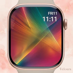 May include: A gold-colored smartwatch with a beige band. The watch face displays a colorful, abstract design with a gradient of rainbow hues. The time is 11:11, and the day is Friday. The brand name "Veloura" is visible at the bottom.