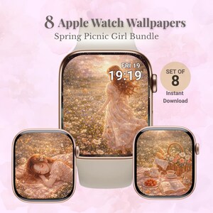 Vårpicknick Apple Watch-bakgrundspaket, Cottagecore blommig urtavlaset (digital nedladdning)