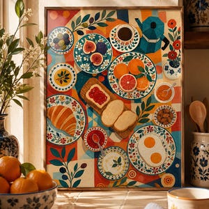 May include: A rectangular framed wall art print featuring a vibrant, colorful overhead illustration of a breakfast table spread. The scene includes plates with figs, oranges, a croissant, fried eggs, bread with jam, coffee, and a blue teapot.