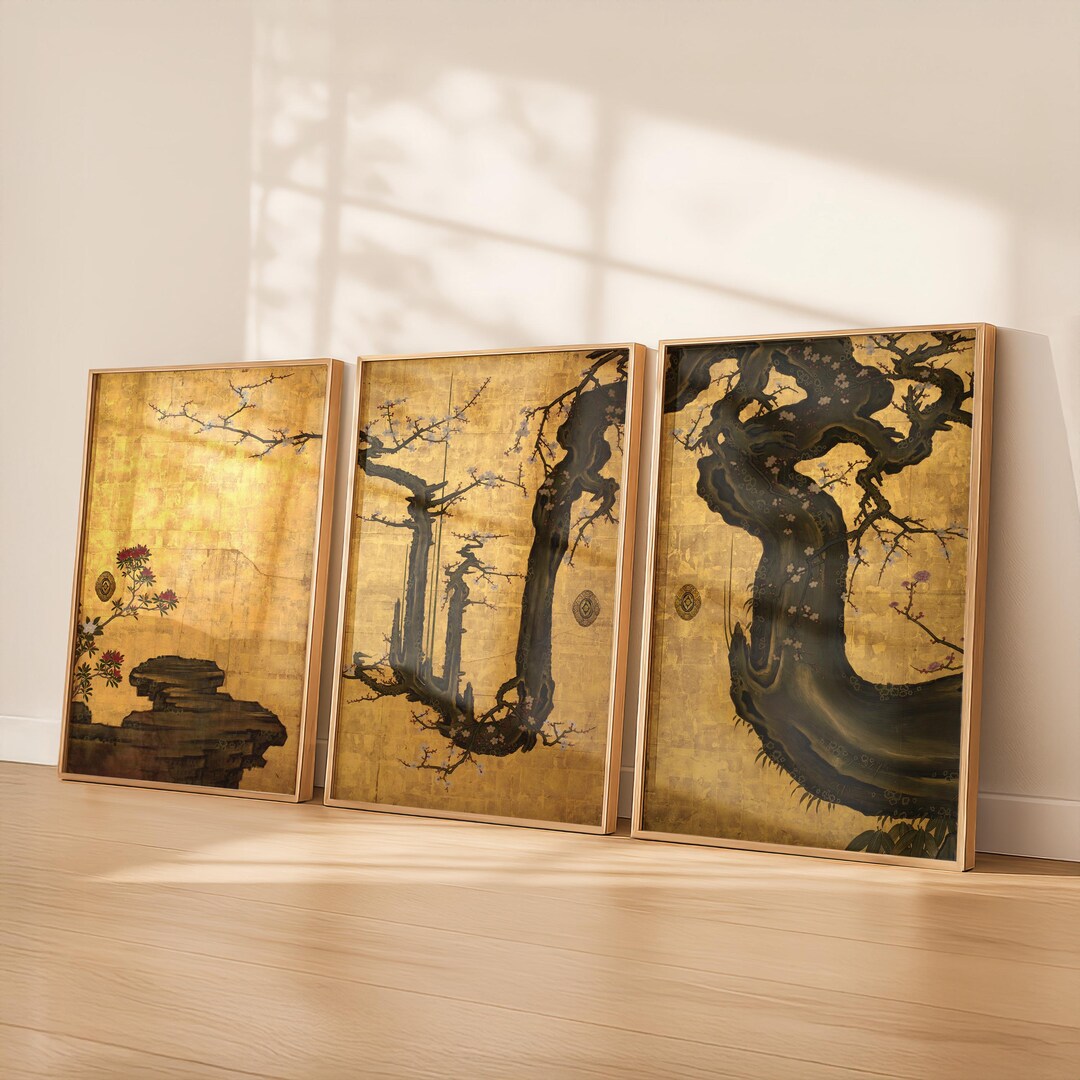 Kano's Tree Vintage Japanese Plum Tree Triptych | Kano Sansetsu Style | Antique ...