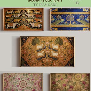 May include: Set of five framed Indian folk art prints. The prints feature detailed illustrations of cows, peacocks, and floral patterns in gold, blue, and pink hues. The text "Indian Folk Art" and "TV Frame Art" are visible.