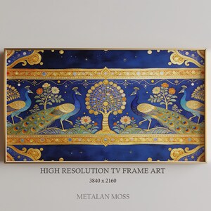 May include: A framed art print featuring a detailed illustration of two peacocks facing each other, with a tree in the center. The artwork has a dark blue background with gold accents and floral details. The text "HIGH RESOLUTION TV FRAME ART" is visible.