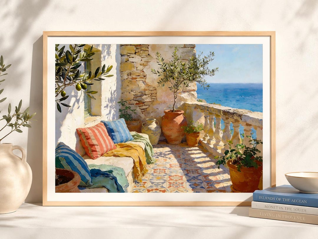 Mediterranean Terrace Wall Art Poster, Coastal Balcony Print, Beach ...