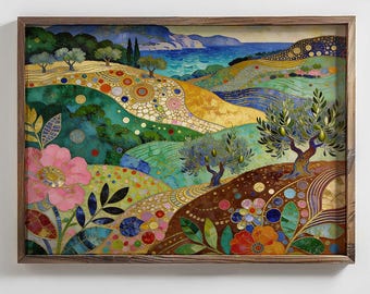 Mediterranean Olive Tree Art Print | Coastal Greek Island Landscape (Digital Download)