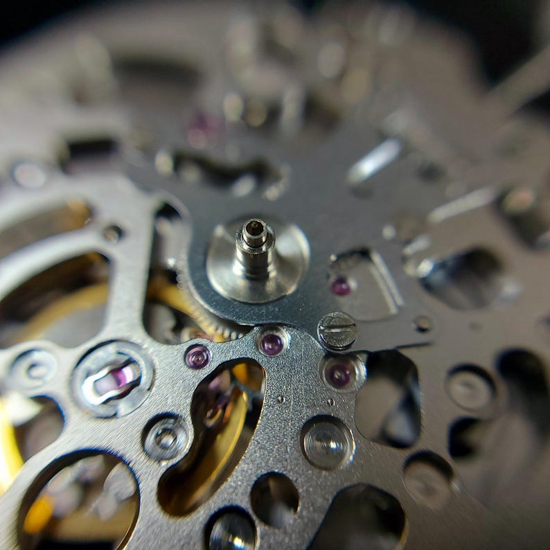 May include: Close-up of a mechanical watch movement, showcasing intricate silver-colored gears, screws, and ruby jewels. The focus is on a central post and surrounding components, highlighting the precision engineering of the timepiece.