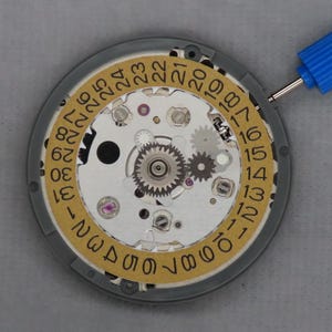 Pu&ograve; includere: Primo piano di un movimento di orologio con ingranaggi, gioielli e una ruota della data. La ruota della data &egrave; dorata con numeri neri. Un cacciavite blu si trova nell'angolo in alto a destra. Il movimento dell'orologio &egrave; argento e grigio.