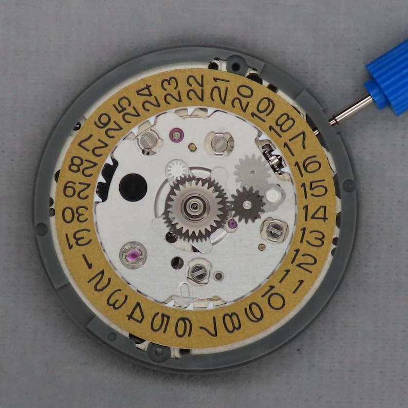 Pu&ograve; includere: Primo piano di un movimento di orologio con ingranaggi, gioielli e una ruota della data. La ruota della data &egrave; dorata con numeri neri. Un cacciavite blu si trova nell'angolo in alto a destra. Il movimento dell'orologio &egrave; argento e grigio.