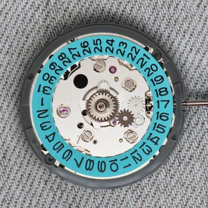 May include: A detailed view of a watch movement, featuring a gray casing and a light blue ring with numbers 1-31. The internal gears and mechanisms are visible, showcasing the intricate engineering. The watch movement is set against a gray fabric background.