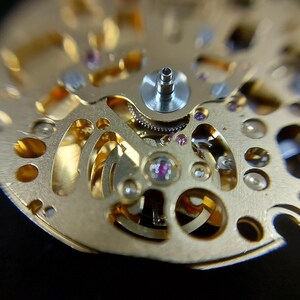May include: Detailed view of a watch mechanism, revealing its intricate design. The image features gold-toned gears, silver elements, and small, jewel-like accents. The design highlights the complexity of the watch's internal workings, emphasizing precision and craftsmanship.