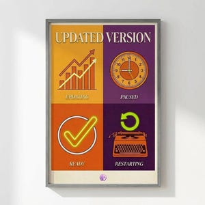 以下が含まれることがあります： 上部に「UPDATED VERSION」の文字が入った額入りのポスター。ポスターは「UPDATING」、「PAUSED」、「READY」、「RESTARTING」の文字が入った4つのセクションに分かれています。各セクションには対応するグラフィックがあります。