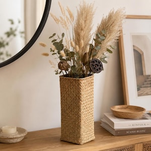 Vase carré haut en jonc de mer tressé à la main pour fleurs séchées, style bohème