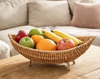 Corbeille à fruits en rotin tressé avec support, plateau ovale bohème pour centre de table, décoration de salon