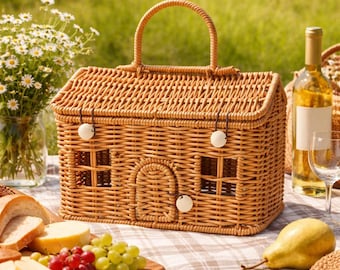 House-Shaped Bamboo Picnic Basket, Woven Cottage Storage Organizer, Boho Farmhouse Decor