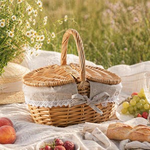 May include: A woven wicker picnic basket with a handle, a hinged lid, and a gray fabric lining with lace trim. The basket is on a white blanket with food and flowers.
