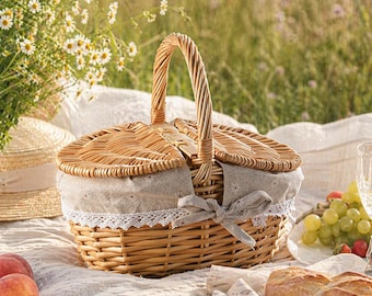Cesta de picnic de mimbre, cesta de picnic vintage con asa, cesta de almacenamiento de sauce forrada, cesta de comida para acampar al aire libre, decoración estilo cottagecore