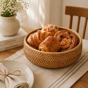 May include: A round woven basket filled with assorted pastries, including croissants and a pain au chocolat. The basket sits on a light-colored linen tablecloth. A vase with white flowers and books are in the background.