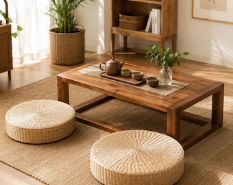 Straw Floor Pouf, 40cm Round Tatami Cushion, Japanese Floor Seat, Woven Straw Meditation Pillow, Boho Home Decor