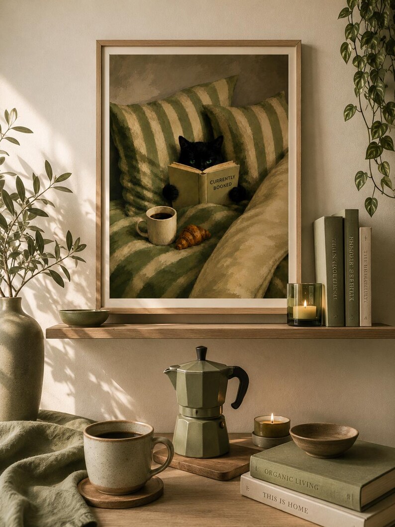 Cottagecore Reading Black Cat Reading Print | Cozy Book Lover Wall Art, Coffee, Cottagecore ...