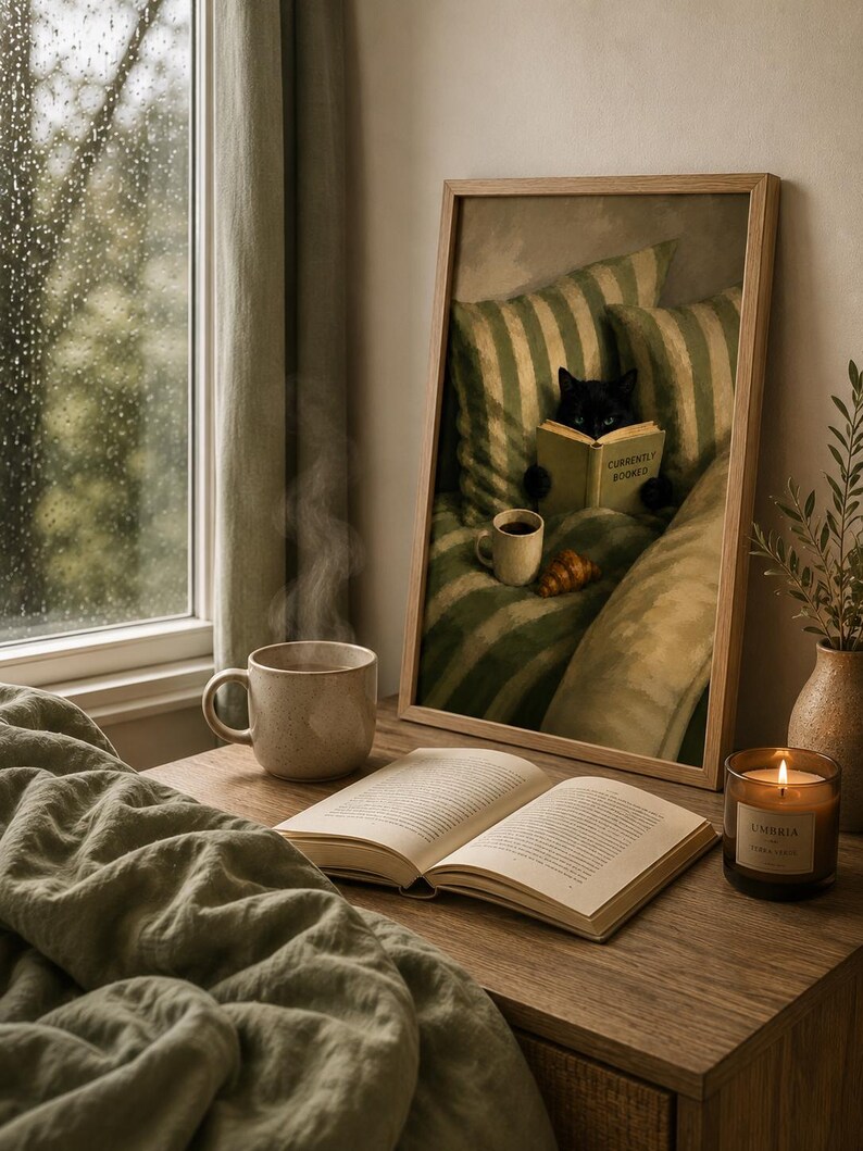 Cottagecore Reading Black Cat Reading Print | Cozy Book Lover Wall Art, Coffee, Cottagecore ...